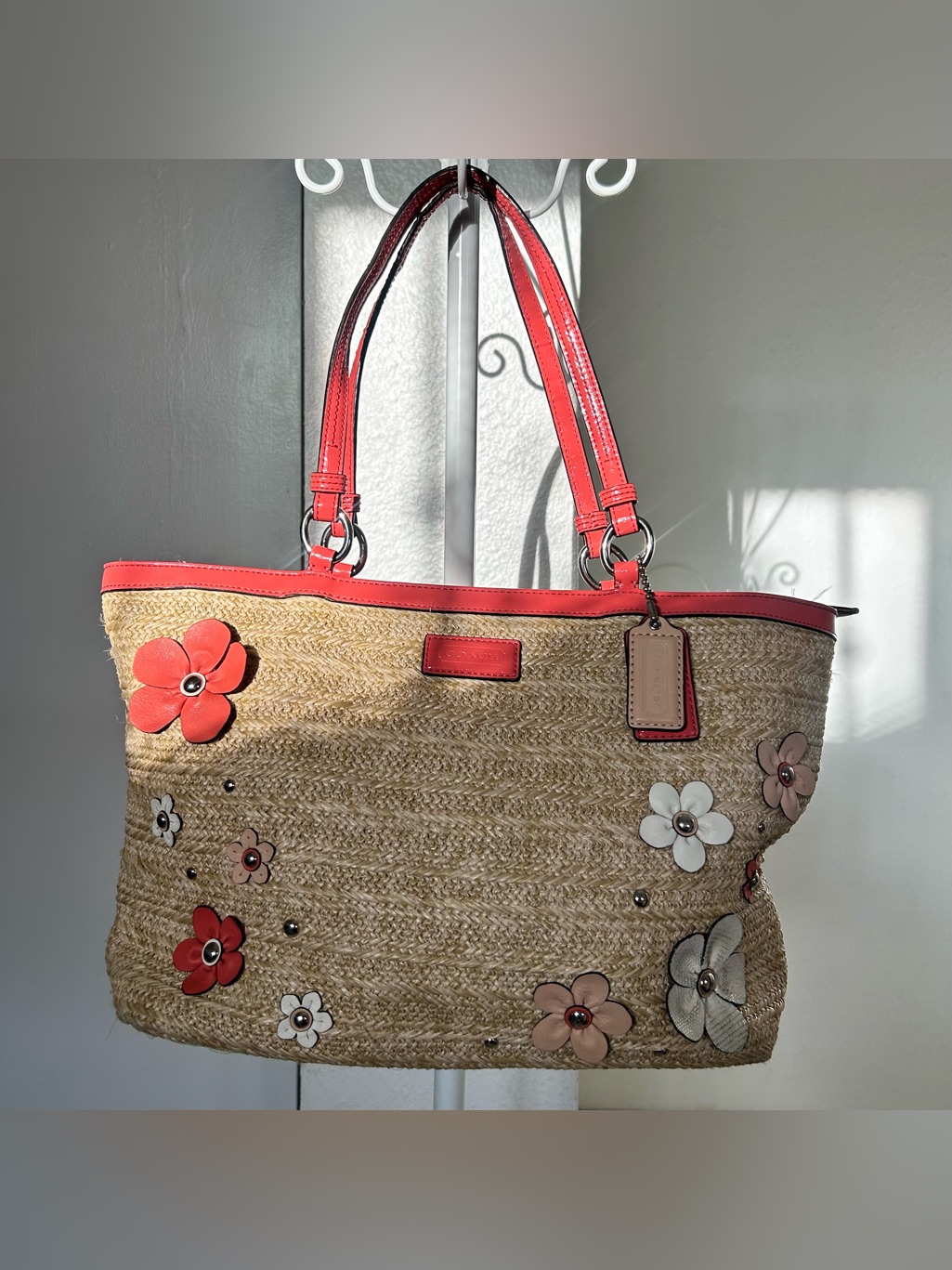 Coach Straw Flower Applique Tote Handbag F29861 Euc